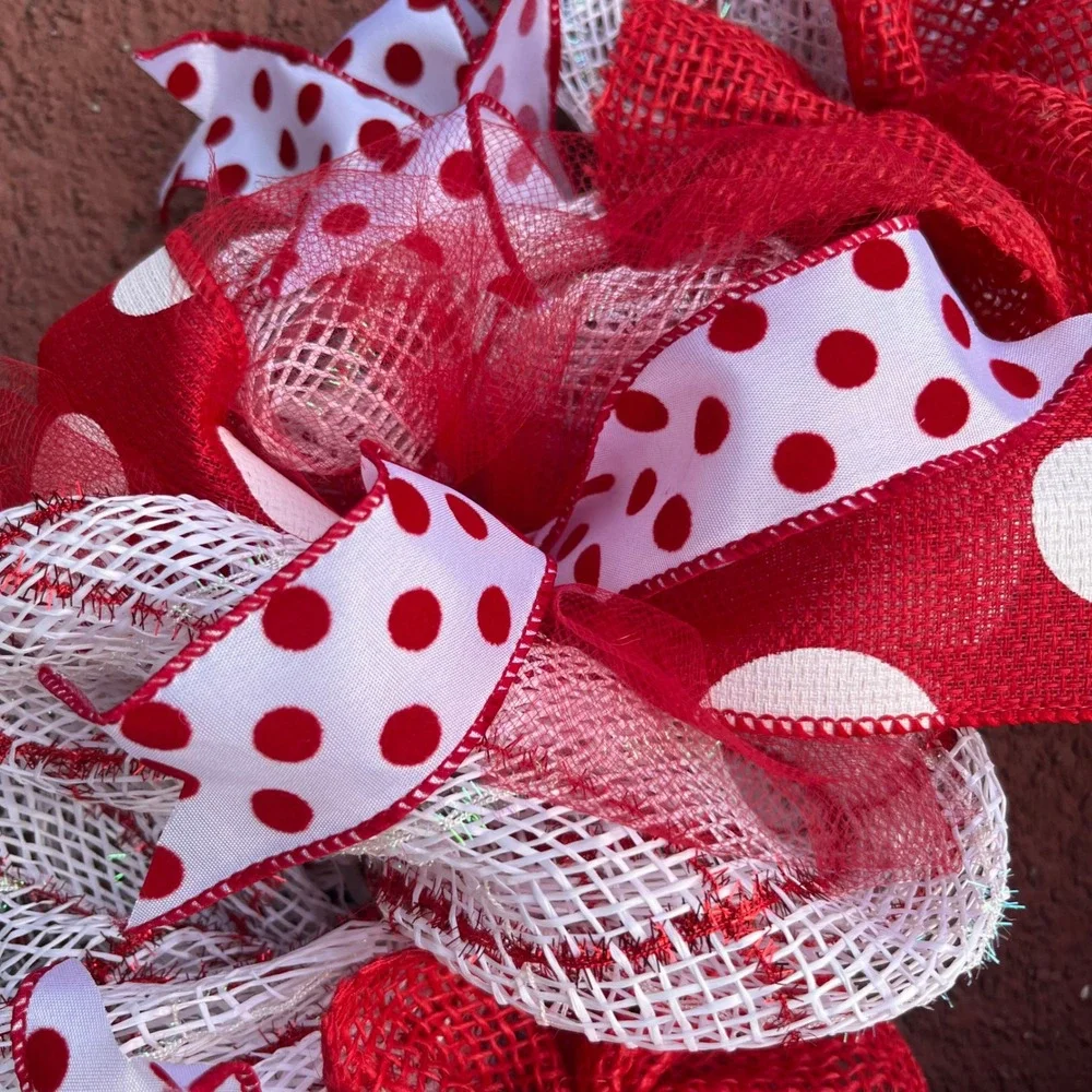 Handmade Red and White Deco Mesh Wreath Polka Dot Burlap Valentine Decor 21in